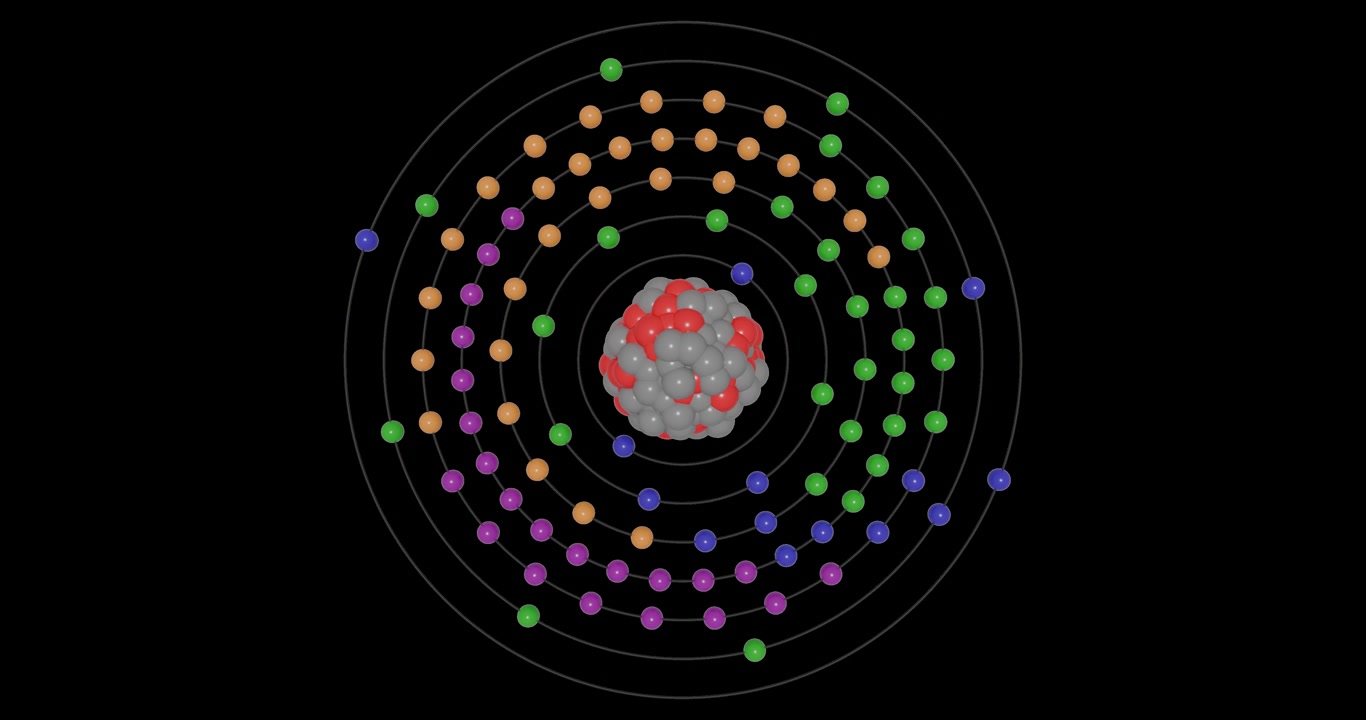 3D animation of a Curium atom on a transparent background showing shells, subshells, electron orbits, and nucleus with protons and neutrons, illustrating atomic structure and energy levels.