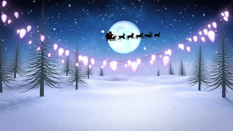 Animación-De-Luces,-Caída-De-Nieve,-árboles-En-Tierras-Cubiertas-De-Nieve,-Trineo-De-Papá-Noel,-Luna-En-El-Cielo