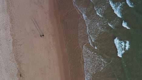 aerial view of couple walking on sandy beach