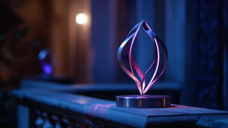 Elegant troféskulptur belyst med myke lilla og blå lys, som fremhever det intrikate designet mens den hviler på en steinhylle i et fredfylt miljø.