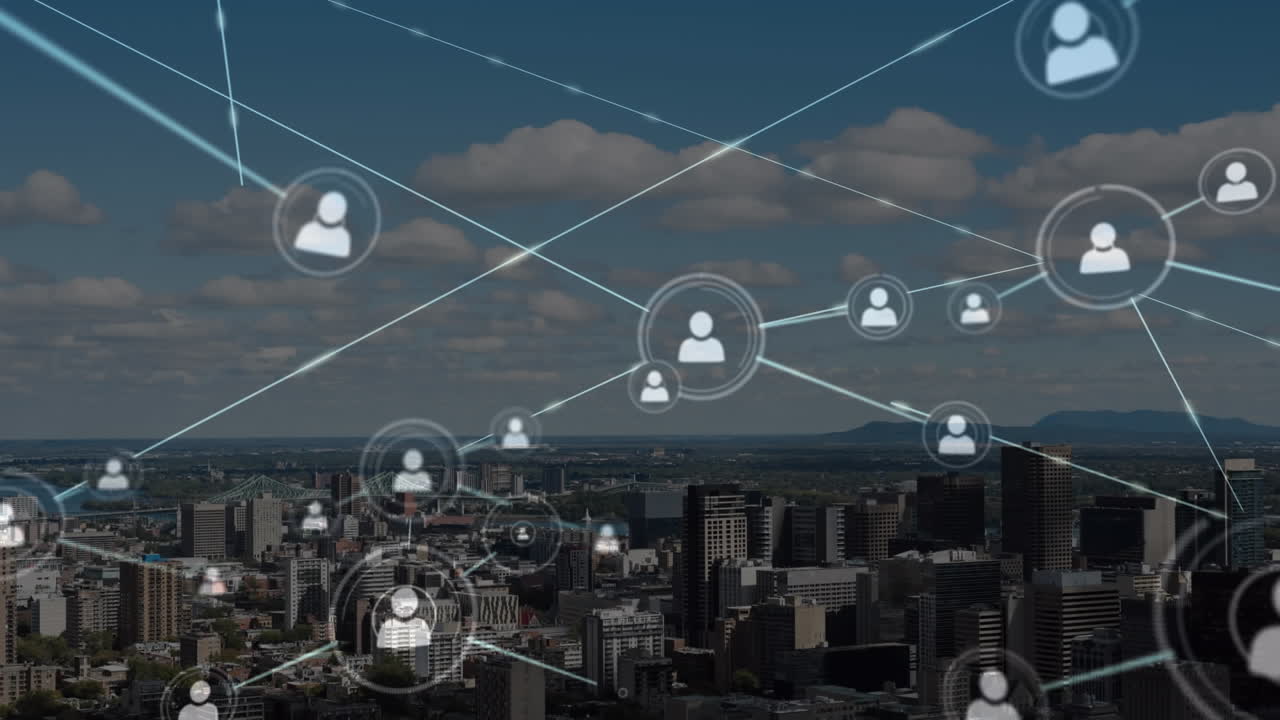 animación de la red de conexiones sobre el paisaje urbano