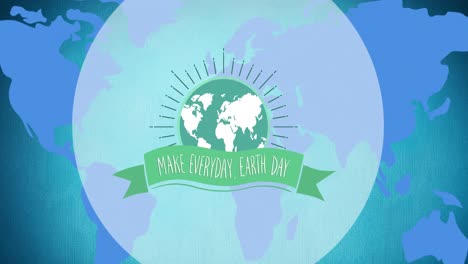 Animation-of-earth-day-text-and-green-globe-logo-over-blue-world-map