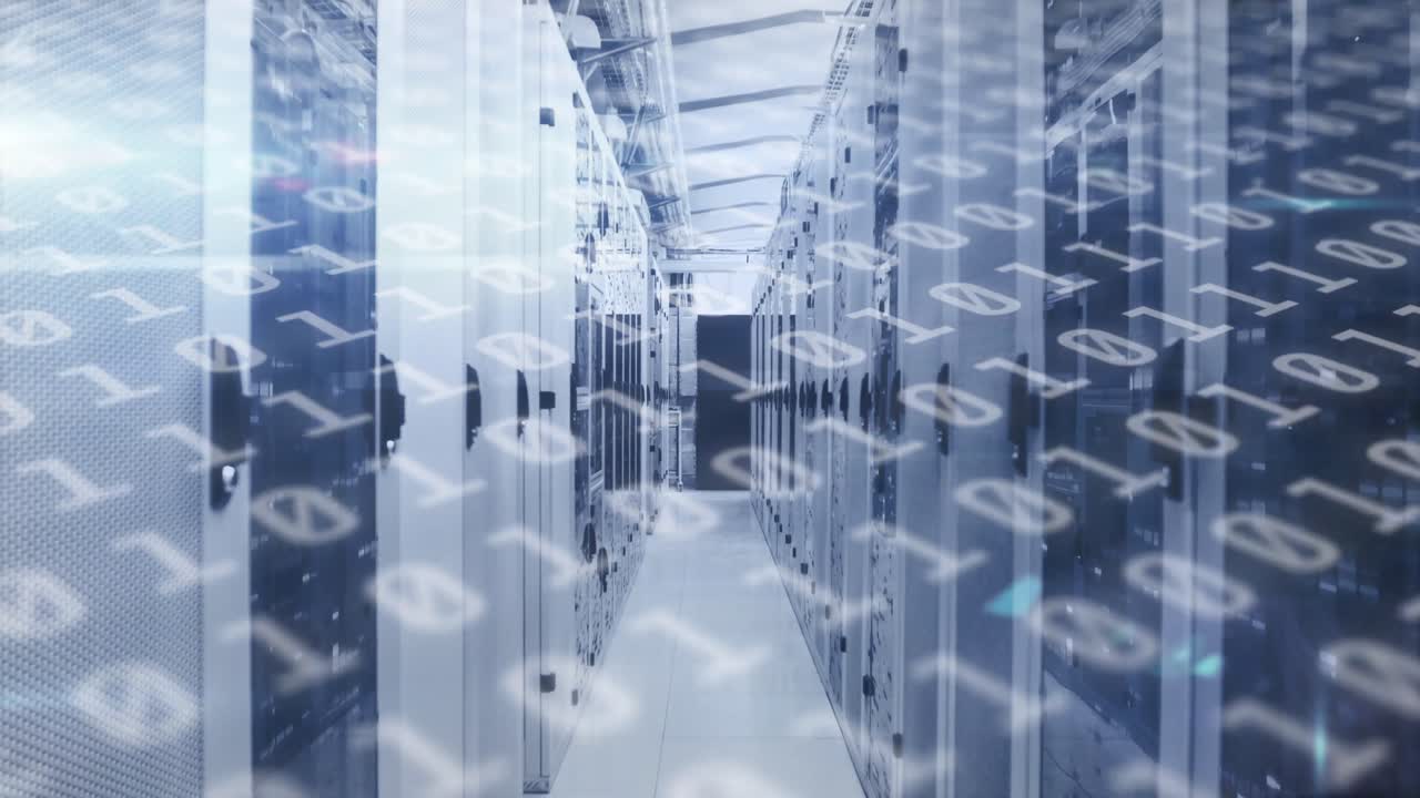 Animation of binary coding numbers changing over tech room with computer servers
