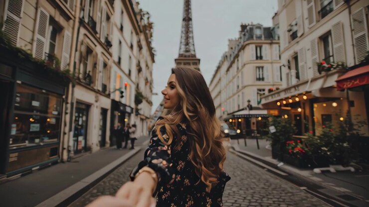 Rear view of a young woman holding hands and walking along a Paris street toward the Eiffel Tower, France, with cafes and classic buildings at dusk