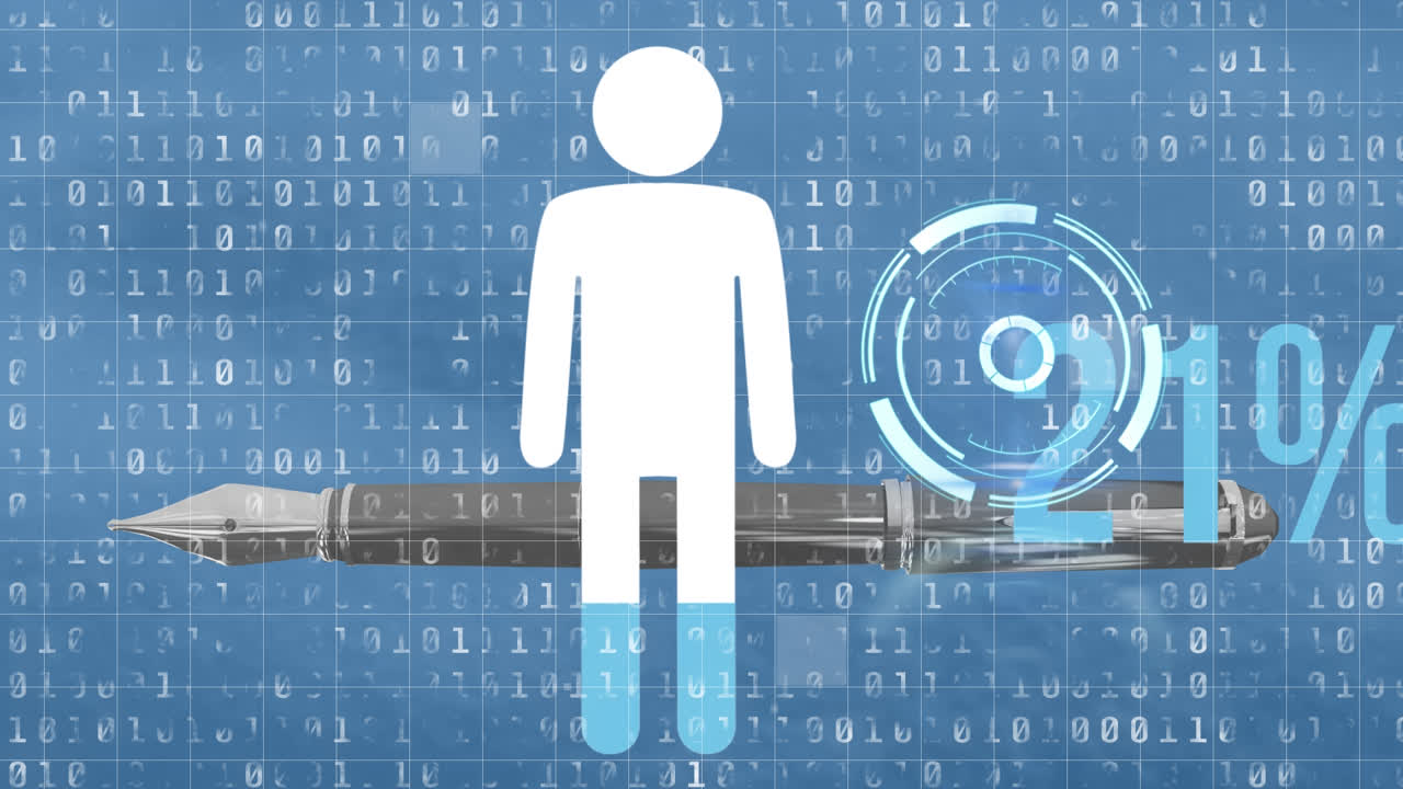 икона человеческого тела с увеличивающимся процентом против чернильной ручки и двоичного кодирования