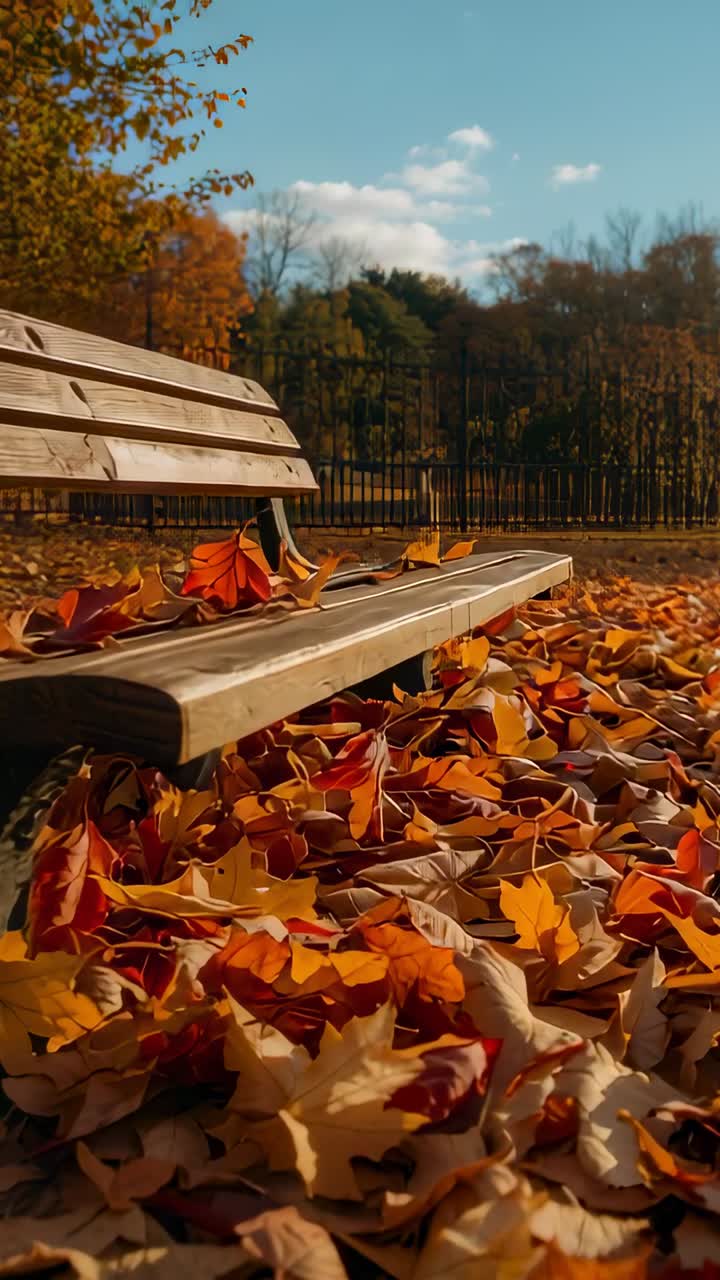 Vertical video: Upon start camera tilting and panning past bench in park, showcasing fall leaves
