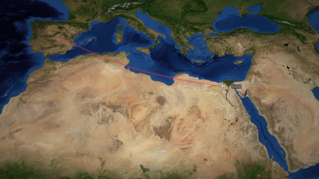 Animazione di una mappa satellitare che traccia un aereo in volo da Madrid al Cairo attraverso il Mar Mediterraneo.
