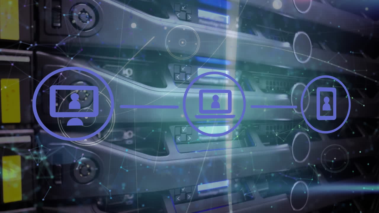 animación de iconos y procesamiento de datos a través de un servidor informático.