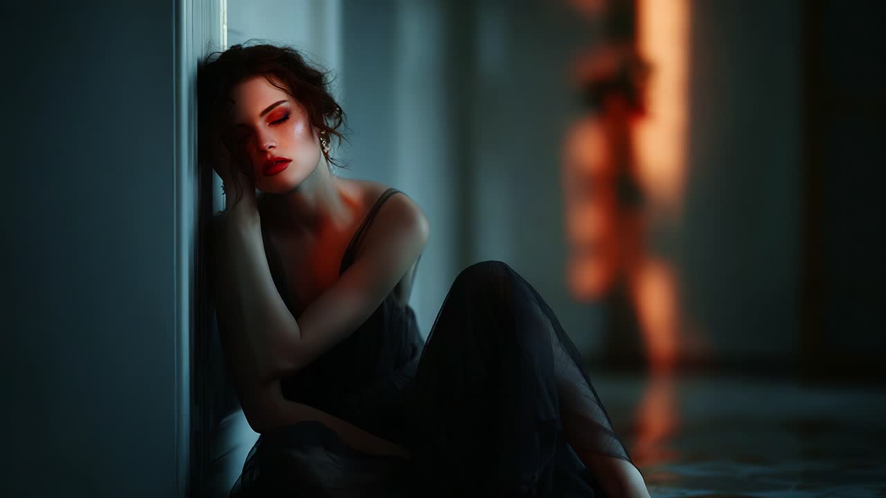 A poignant moment captured between two frames, reflecting solitude and yearning, as one woman's emotional state contrasts with a distant figure walking away in a dimly lit corridor