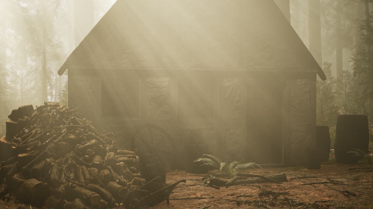 가을의 숲에 있는 오래된 나무 집