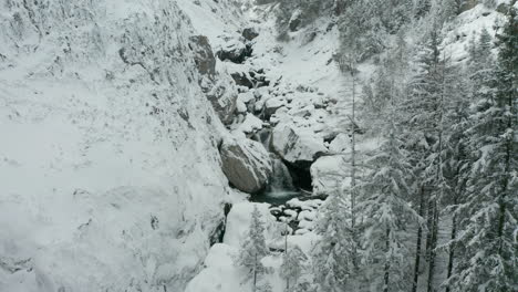 Flying-away-from-small-waterfalls-in-snow-covered-wilderness