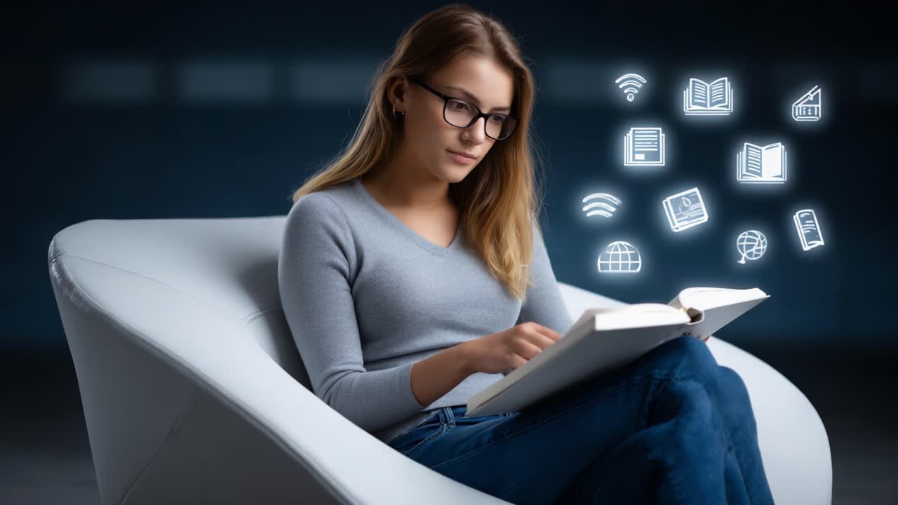 A Young Woman Engaged in Reading a Book While Surrounded by Digital Learning Symbols, Illustrating the Intersection of Traditional and Modern Knowledge Acquisition