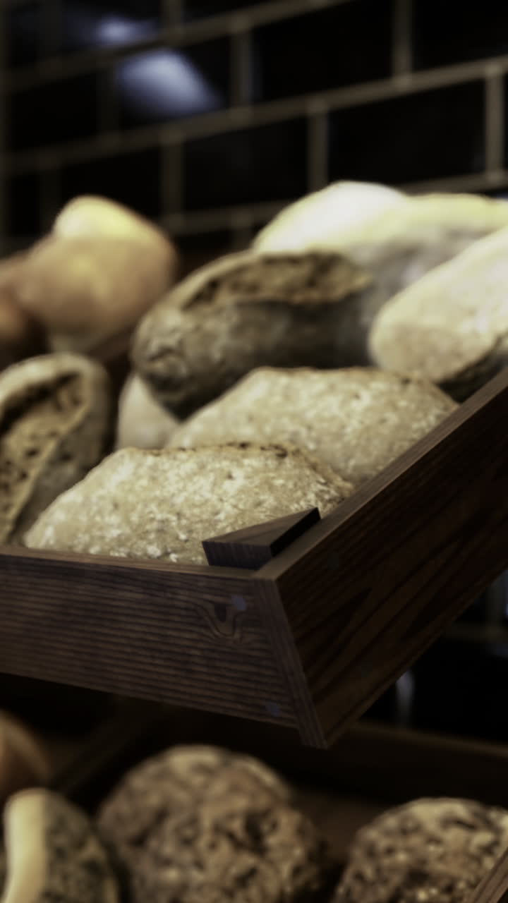 Artisan bread displayed on wooden racks in a cozy bakery environment