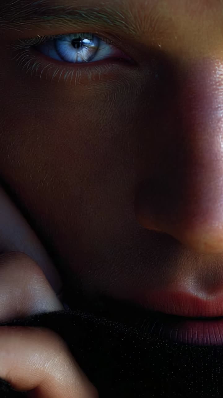 Close-Up of a Person's Face with Striking Blue Eyes and Subtle Expressions, Highlighting Facial Features and Emotions in a Dramatic Lighting Setting