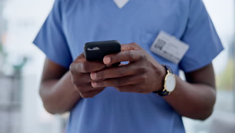 hands, cellphone and medical worker typing