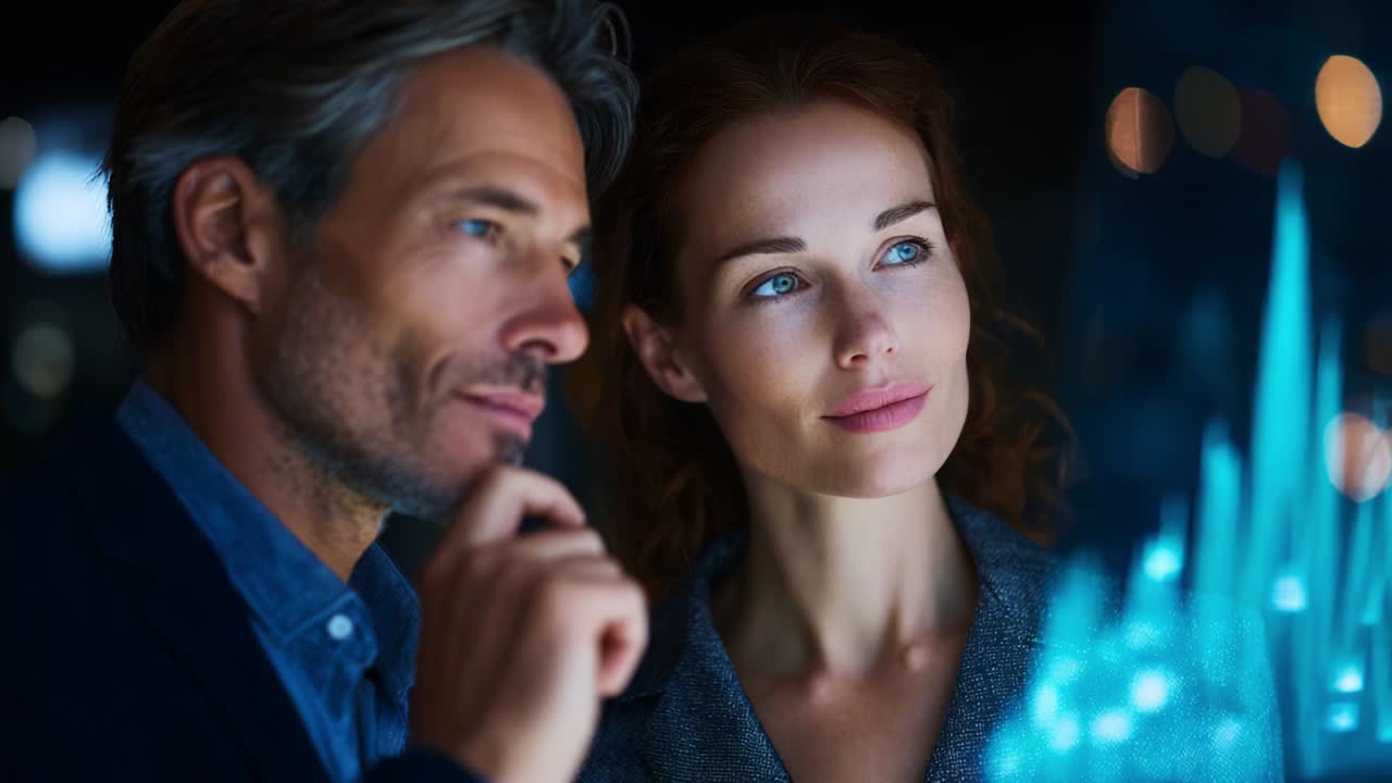 A Thoughtful Exchange: Captivating Moments between Two Professionals Analyzing Data Projections in a Dimly Lit Environment, Exemplifying Collaboration, Insight, and Modern Technology