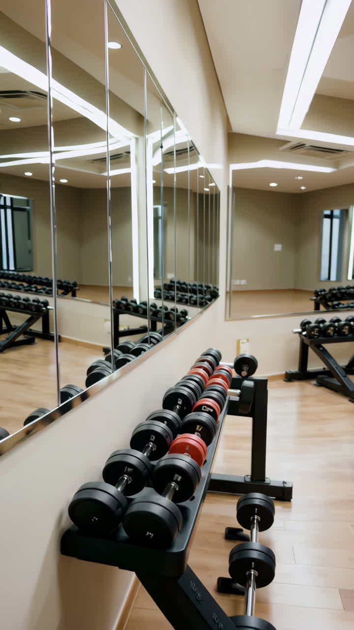 Modern Gym with Dumbbells and Mirrors