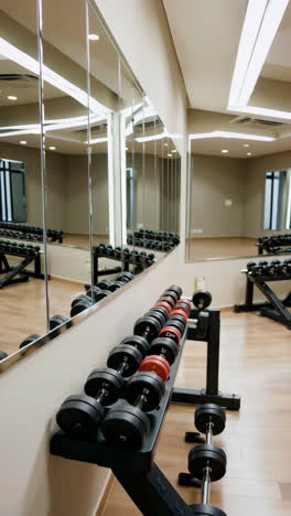 modern gym with dumbbells and mirrors
