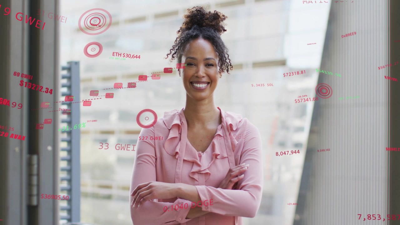 Woman standing before facade, crypto data appearing around her, crossing arms, showing confidence