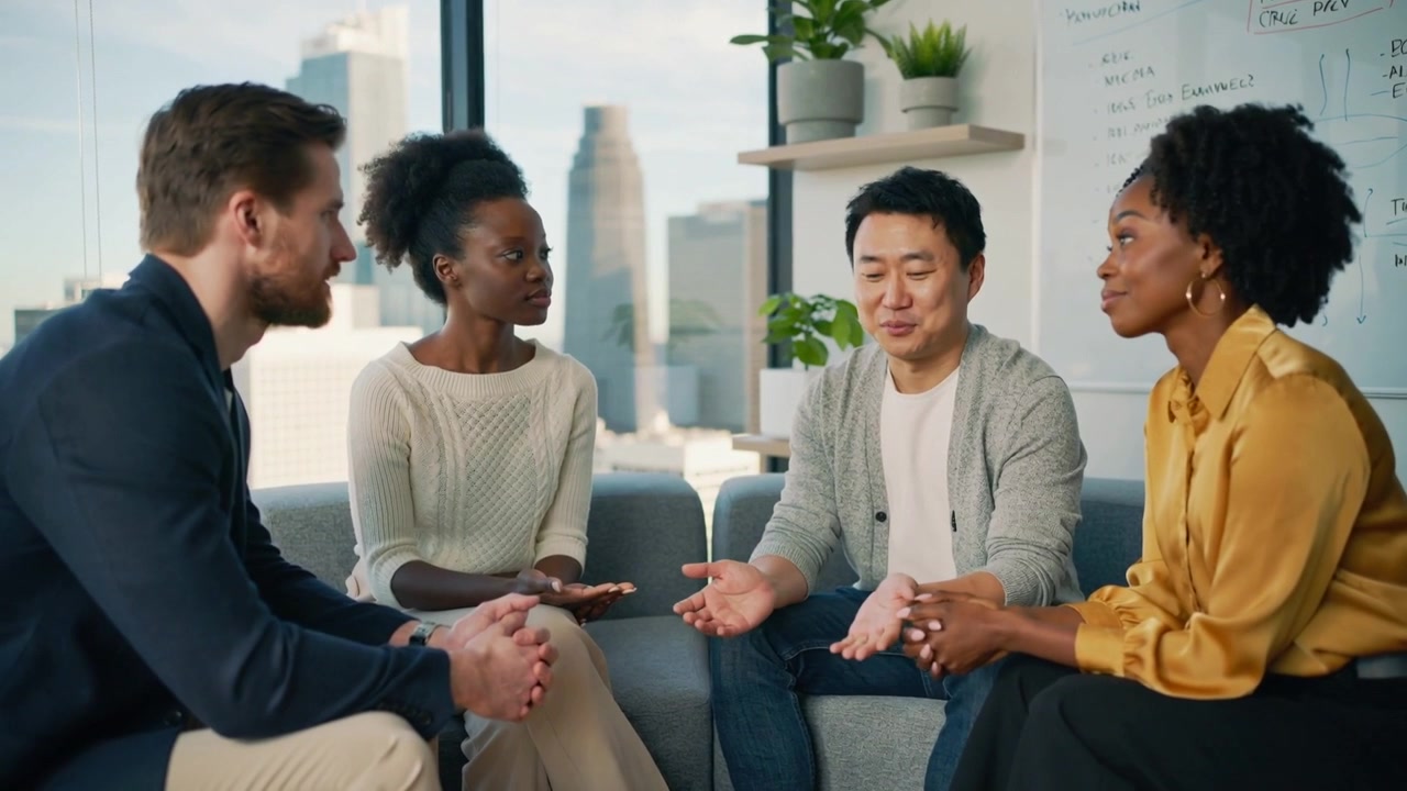 Opening central man in gray cardigan explaining plan, gesturing to colleagues on sofa, whiteboard