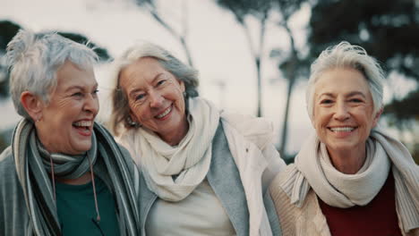 Comic,-laughing-and-elderly-woman-friends-outdoor