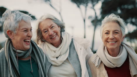 comic, laughing and elderly woman friends outdoor