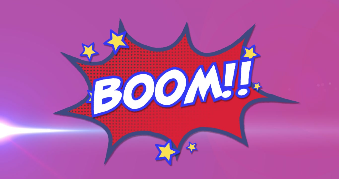 Animation of boom text over retro star speech bubble on pink background