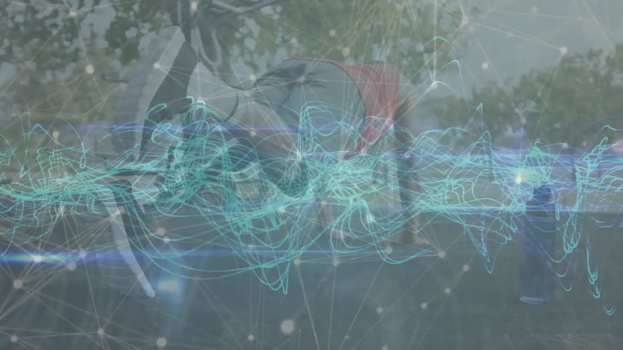 animación de las olas sobre el hombre caucásico haciendo plantas al aire libre