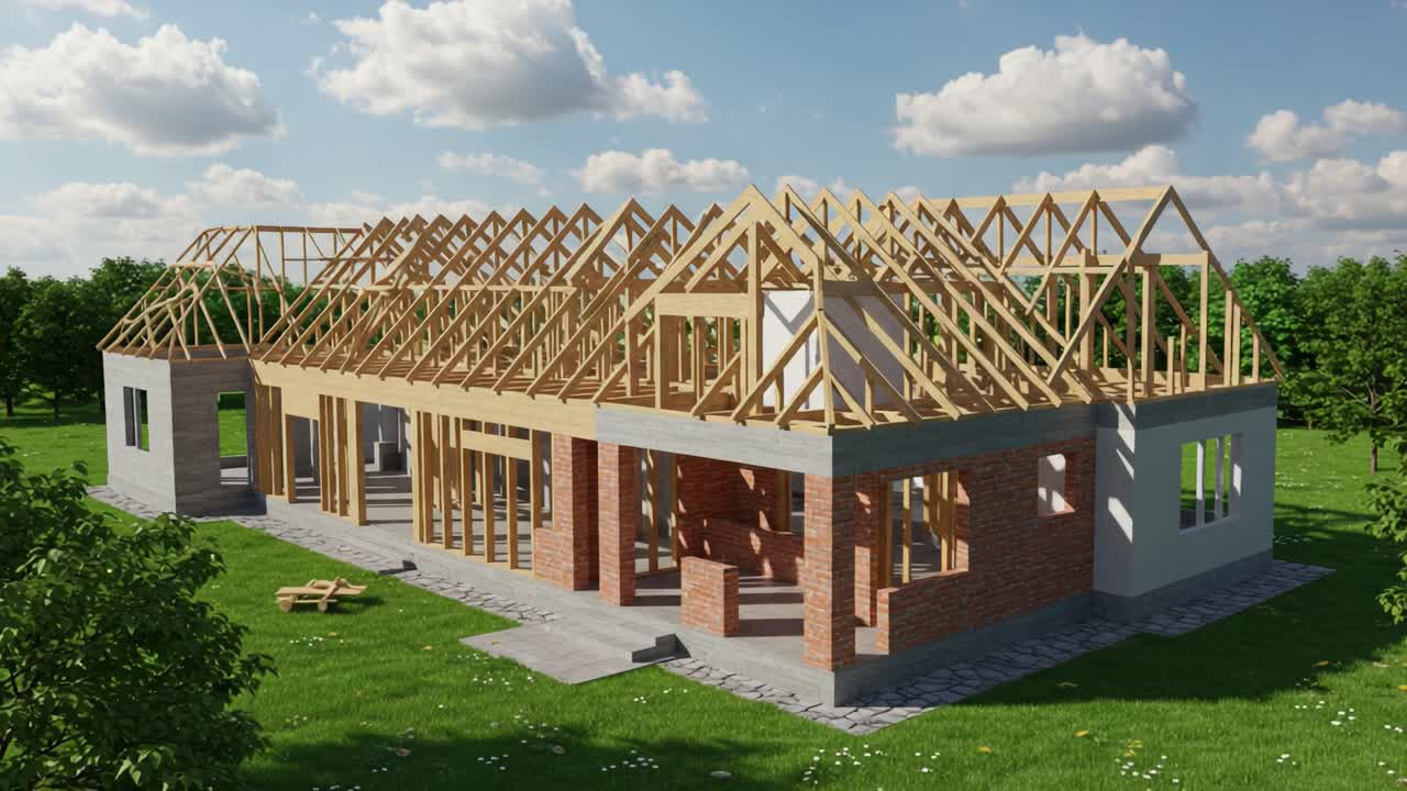 Construction Progress: A Detailed View of a Framed House Structure with Exposed Wooden Beams and Brickwork Set Against a Lush Green Landscape Under a Bright Sky