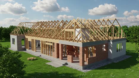 construction progress: a detailed view of a framed house structure with exposed wooden beams and brickwork set against a lush green landscape under a bright sky