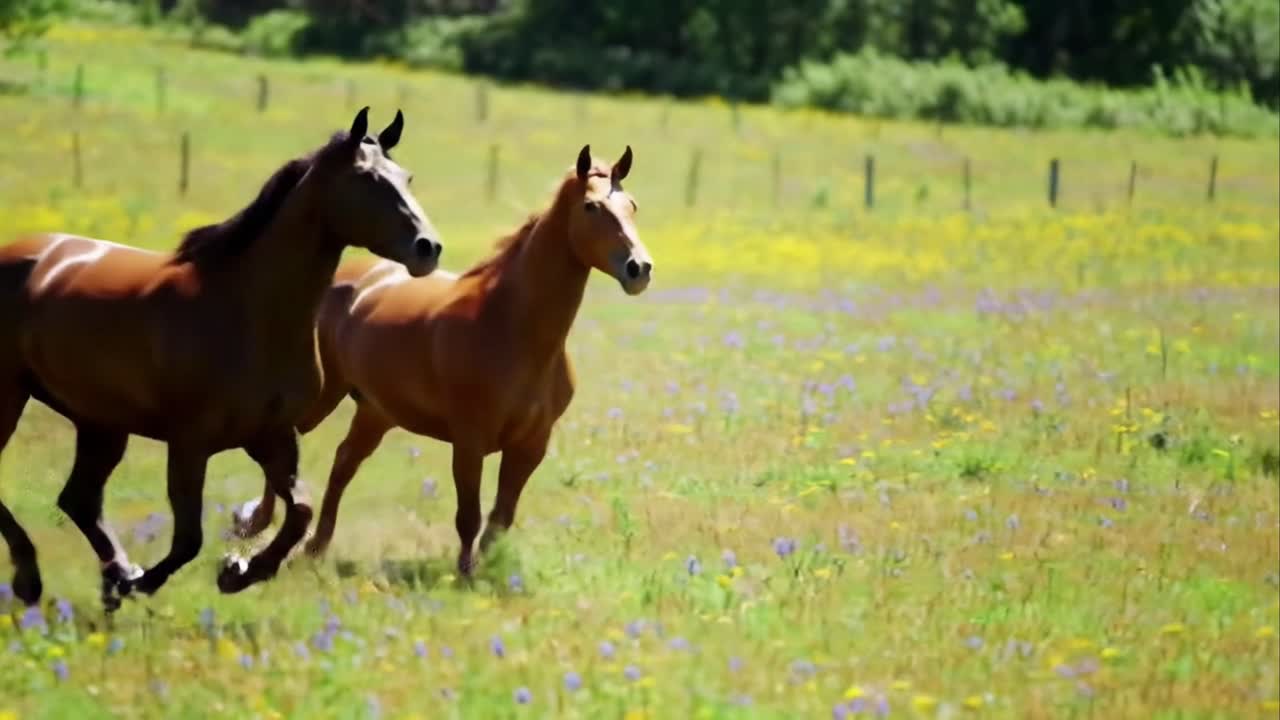 Beautiful Brown Horse Running Freely in a Sunny Wildflower Meadow.