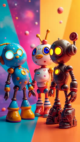 three colorful cartoon robots