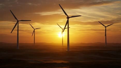 in an expansive landscape bathed in the warm glow of a vibrant sunset, wind turbines spin gracefully, creating a breathtaking scene