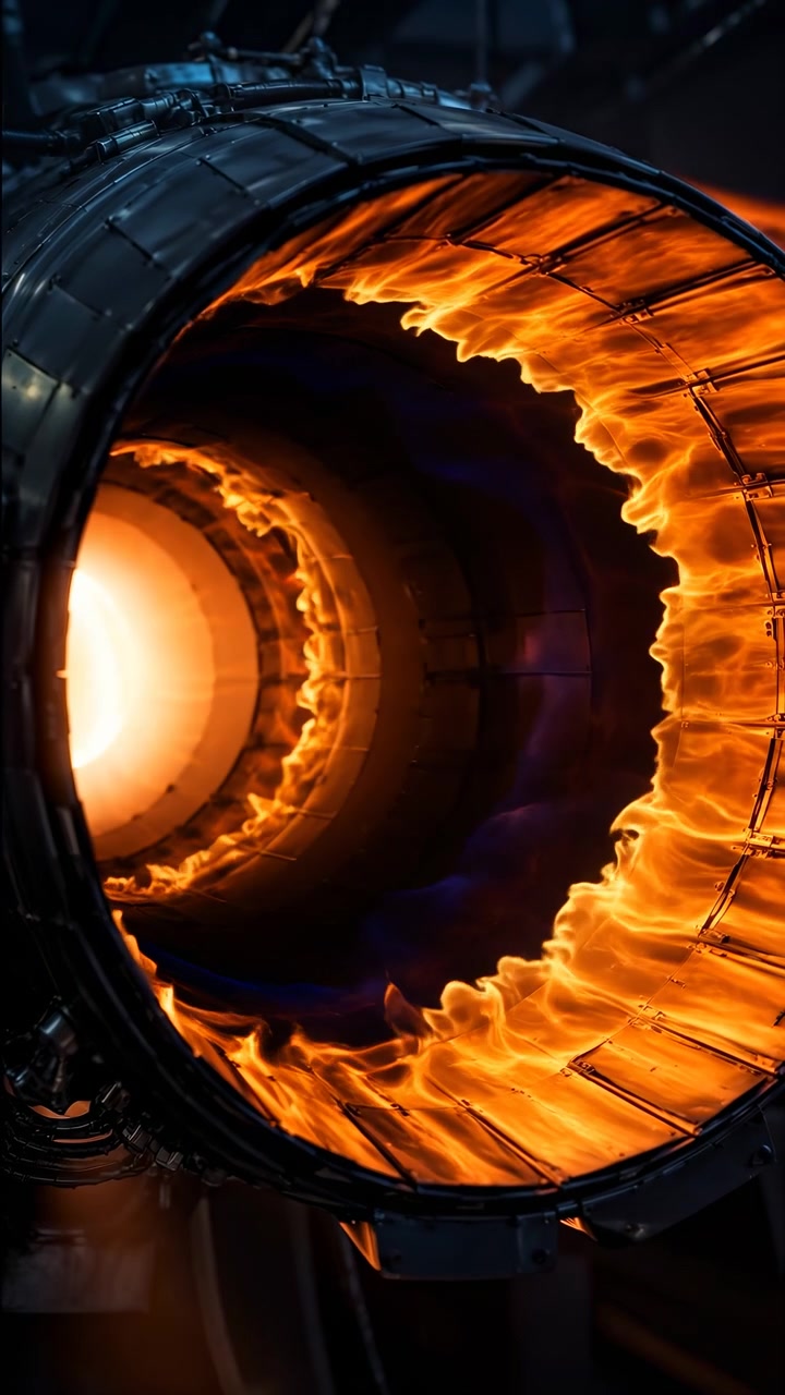 Orange fire grows from a concentrated glow into a bright turbulent mass inside a circular metal chamber, while layered inner rings remain visible around the illuminated opening.