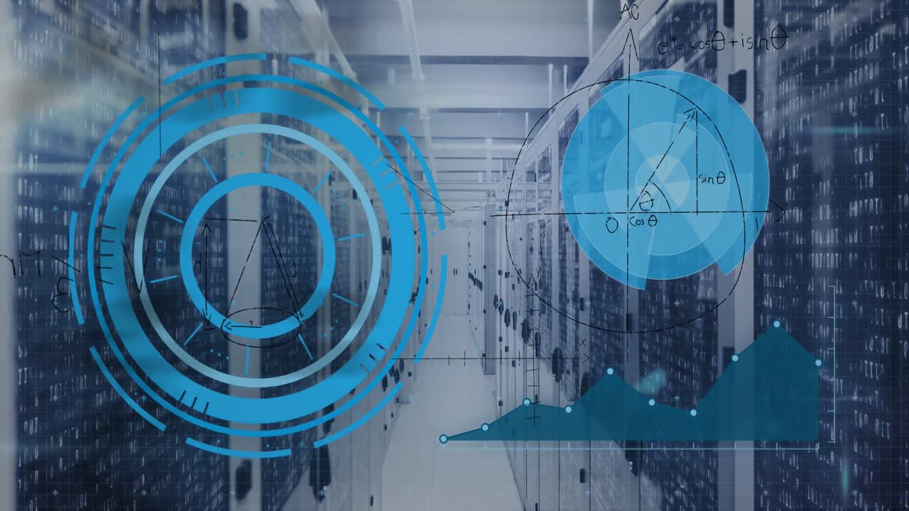 animación de ecuaciones matemáticas, gráficos, radares y destellos de lentes sobre la sala del servidor