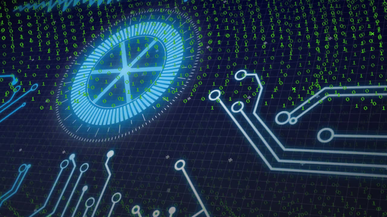 Animation of digital circuit board displaying binary code and futuristic elements