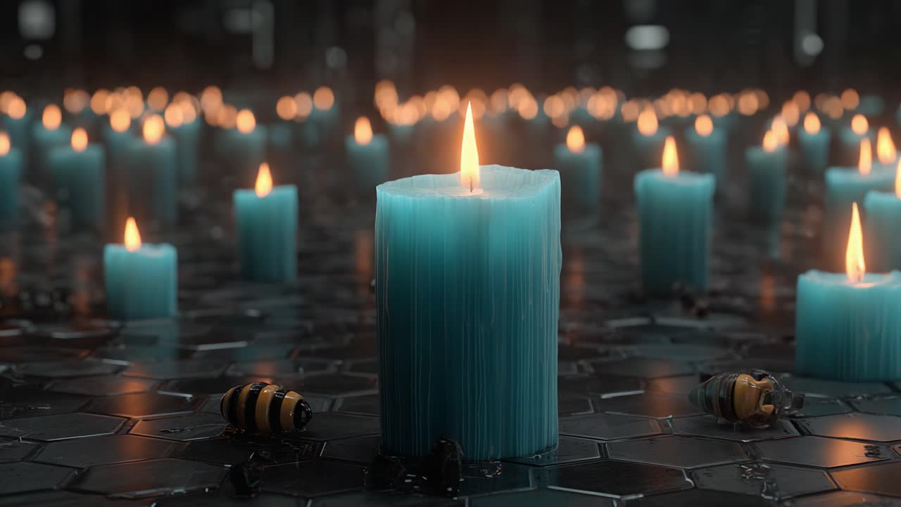 Una composizione ipnotica di candele color teal che illuminano una superficie scura e riflettente, creando un’atmosfera tranquilla e rilassante, perfetta per il relax e la mindfulness
