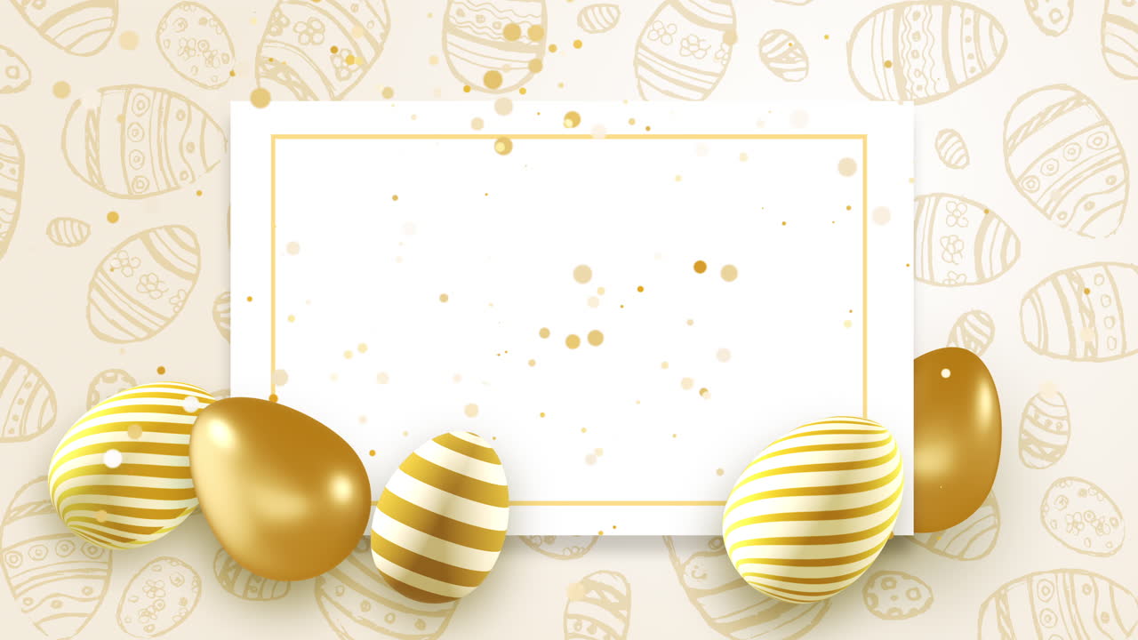 Easter template with empty space for text. Greeting card with patterned golden eggs on a yellow animated background.