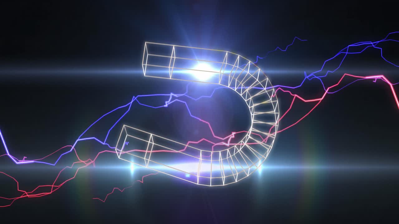 검은색 배경에 빛의 흔적 위에 번개와 함께 자석 아이콘의 애니메이션