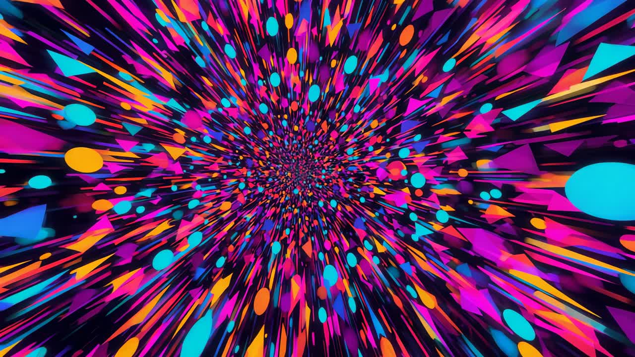 Converging multicolored shapes streaming outward rotating reversing in 3D space for tunnel effect