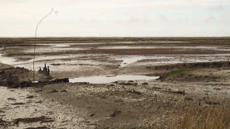 4k muddy river bed in a low tide with some water flowing down the river to the ocean