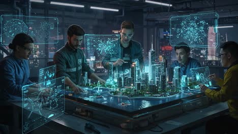 a collaborative team analyzes a futuristic city model using interactive holograms in a high-tech environment