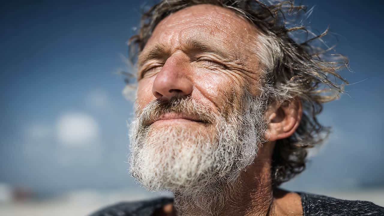 A Tranquil Moment of Reflection: A Man with a Grizzled Beard and Closed Eyes Embracing the Calmness of Nature under a Clear Blue Sky