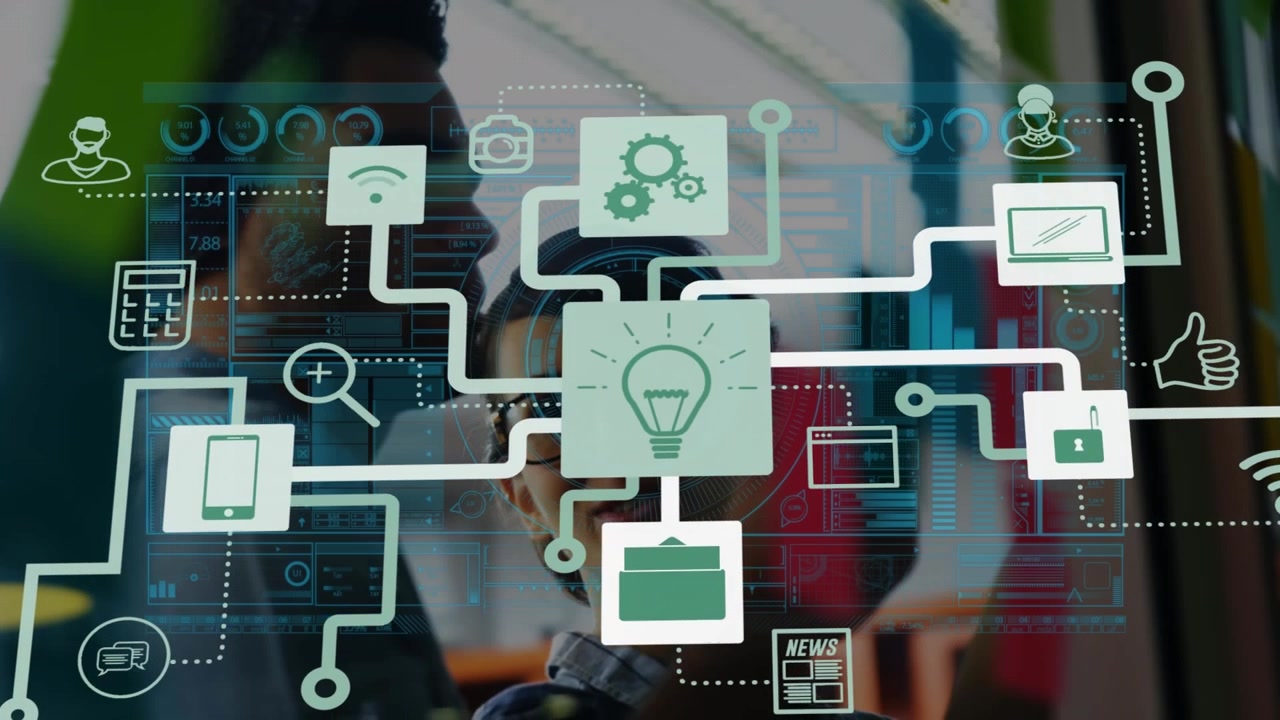 Animation of flowchart icons, loading circles, bar, graph, diverse coworkers brainstorming in office
