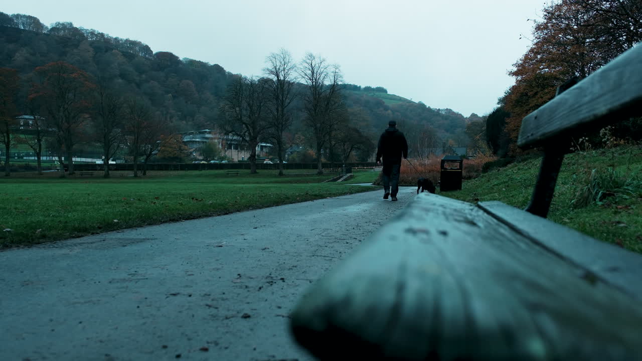 Low angle early morning shot in Todmorden showing a park bench in the foreground leading to a man walking his black lurcher dog on a lead away from the camera