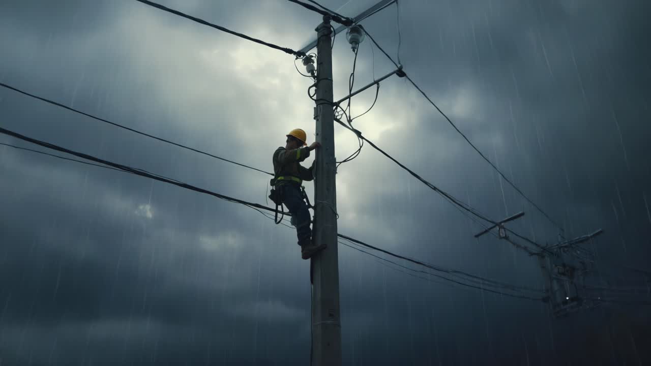 Electrician Working on Power Lines in the Rain