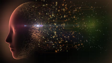 high quality animated graphical concept design depicting emerging technology with firing neurons in circuitry, and flowing particles from ai brain, with space for you own text, in teal orange scheme