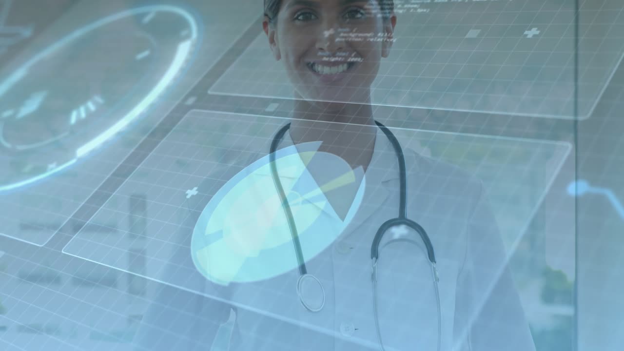 Profesional médico tocando un panel translúcido que muestra un gráfico circular para la visualización de datos de diagnóstico