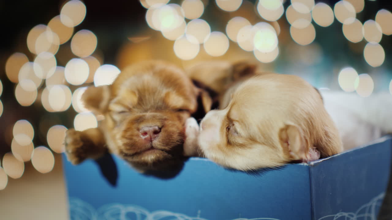 흐릿한 화환 조명의 배경에 대해 선물 상자에 있는 작은 졸린 강아지