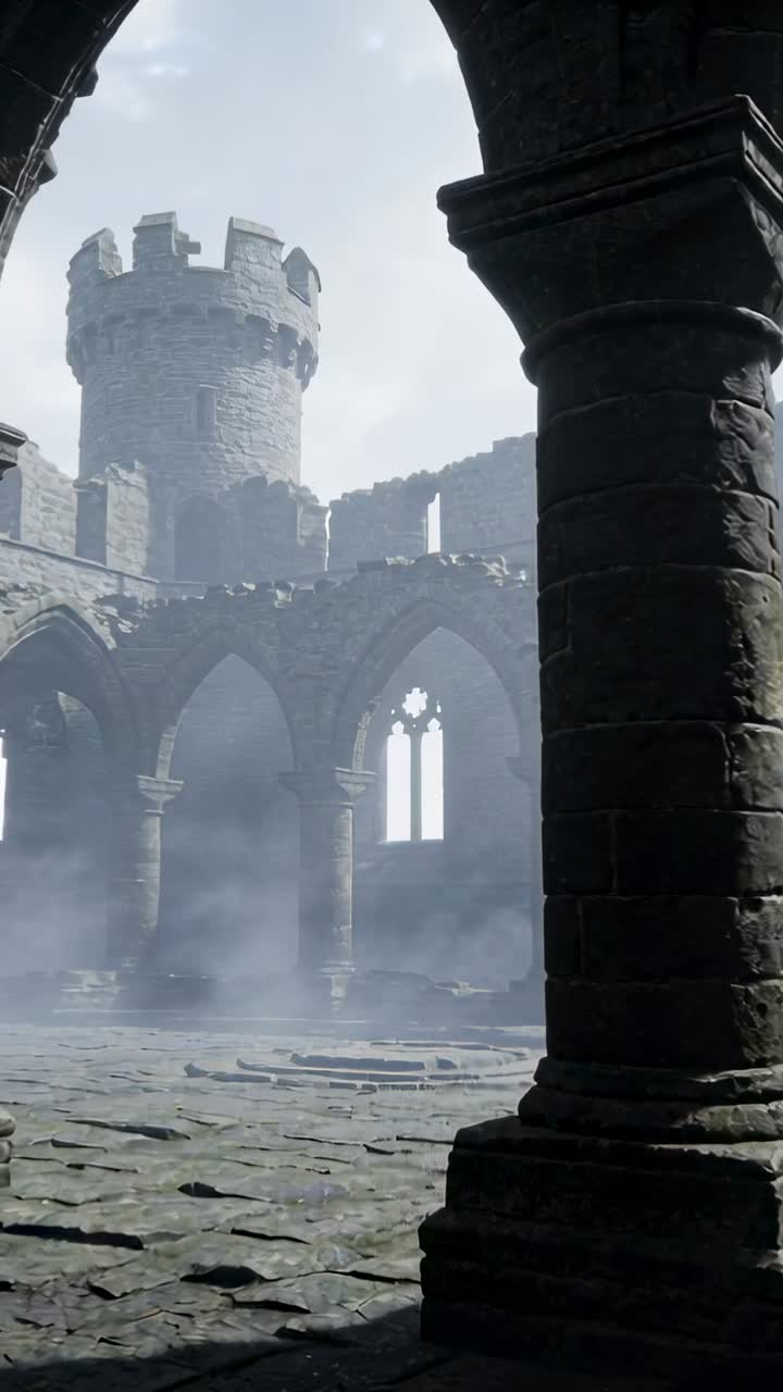 Misteriose rovine di un castello medievale con cortile nebbioso